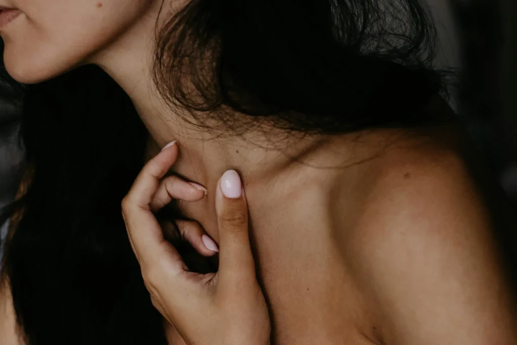 Close-up shot of a woman's neck and chin after undergoing liposuction