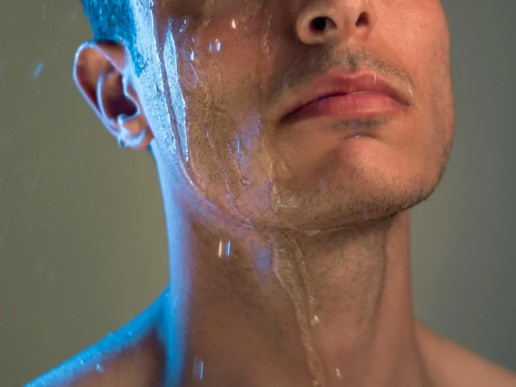 Man with wet face flexing the results of his neck and chin liposuction