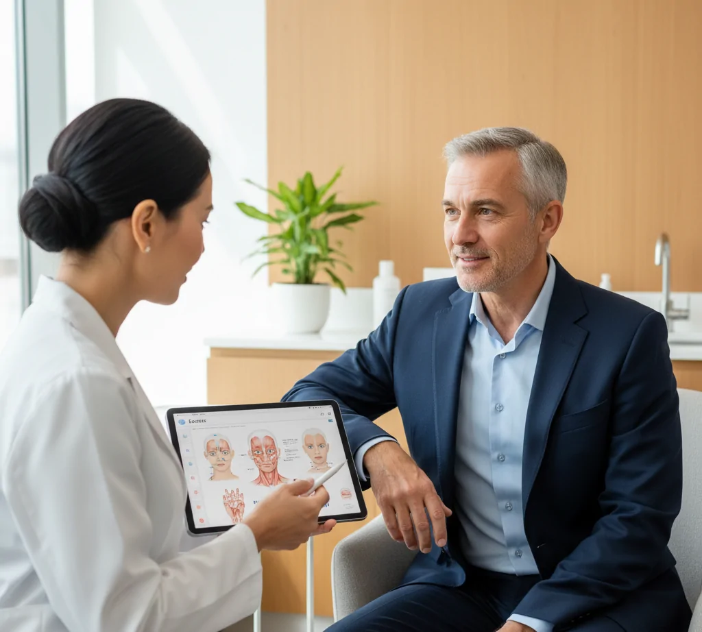 A confident middle-aged man sitting in a modern dermatology clinic, consulting with a professional doctor about Botox treatment