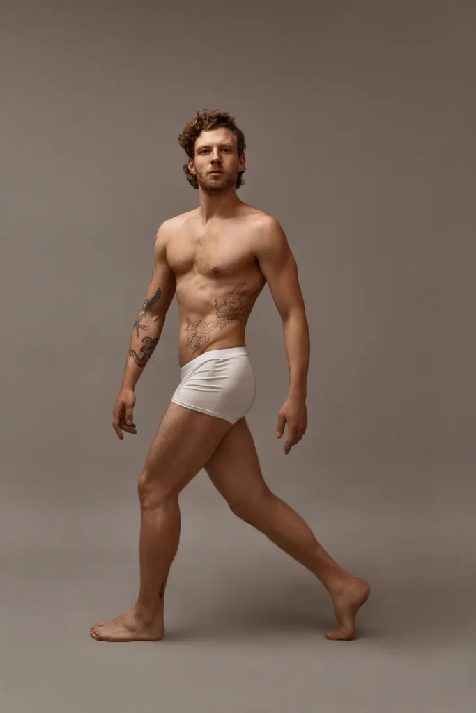 A fit, tattooed man in white briefs poses in a confident walking stance, showcasing toned