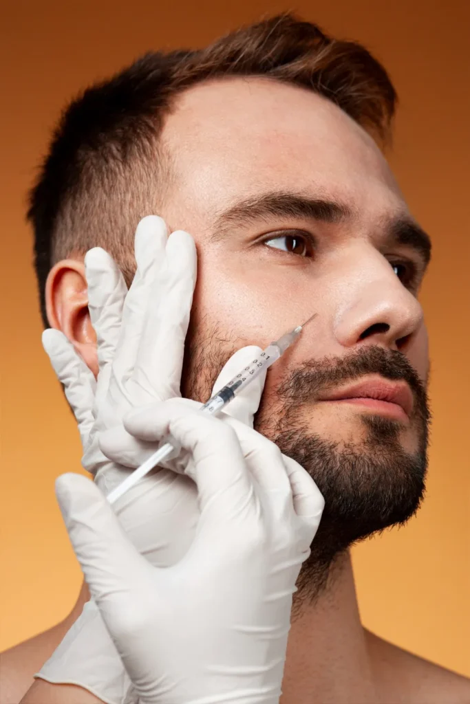 A gloved medical professional administering a Botox shot with a syringe into a man’s cheek during a cosmetic treatment.
