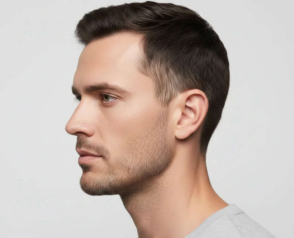 A man in his 30s with a sharp, well-defined jawline shown in side profile, illustrating the natural-looking contouring results of a PDO Thread Jaw Lift treatment