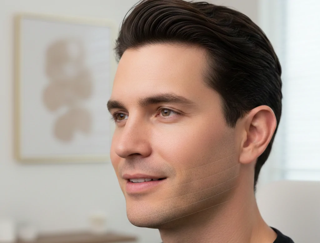 A man with a smooth, defined jawline showing visible PDO thread placement along the jaw, highlighting the contouring and profile-defining results of Jaw PDO Thread treatment