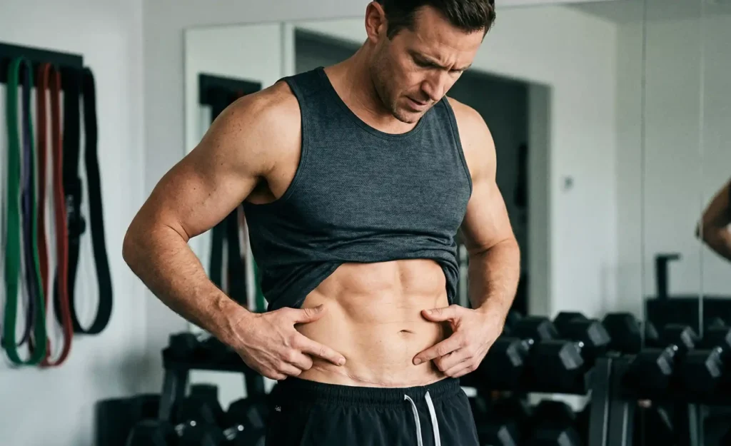 Fit man examining his abdominal muscles in the gym after tummy tuck surgery to check for muscle separation