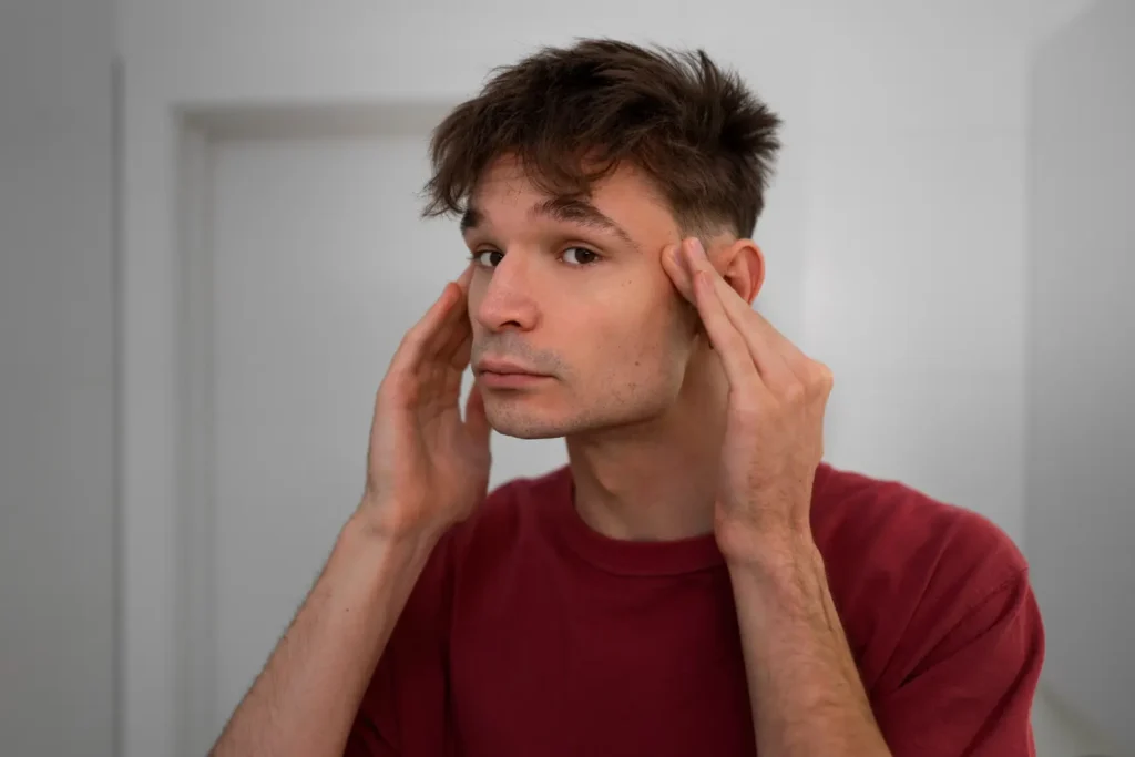Man examining his facial contours and cheekbones as potential treatment areas for PDO thread lift enhancement