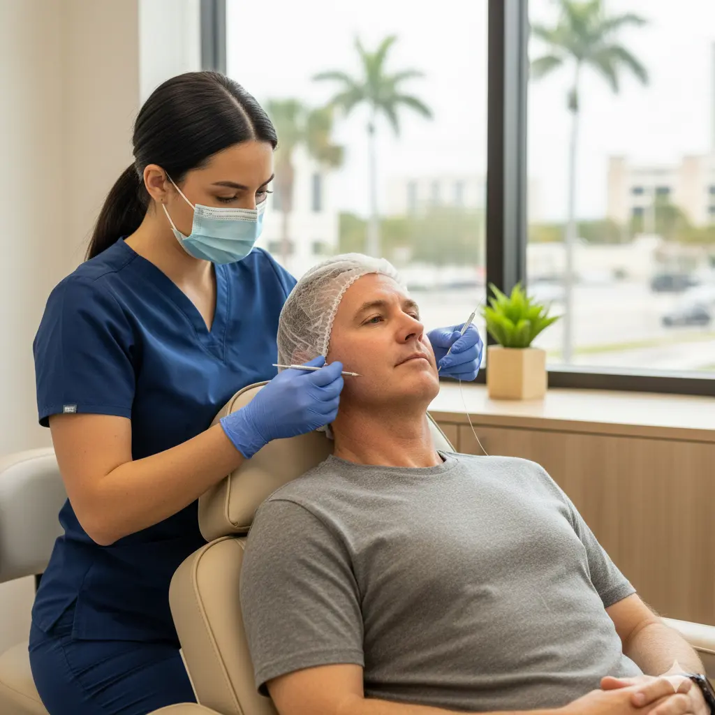 Medical professional performing PDO thread face lift procedure on male patient in Tampa, FL clinic