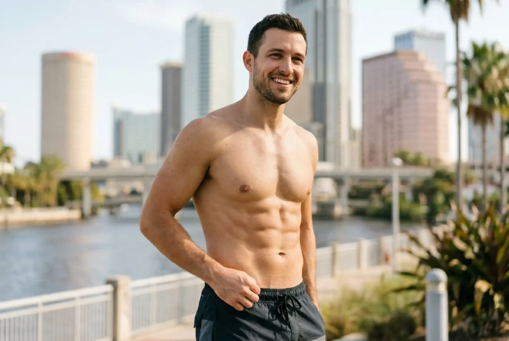 happy man outdoor showing his tummy