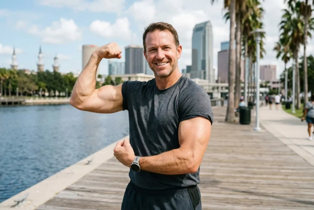 man flexing his arm
