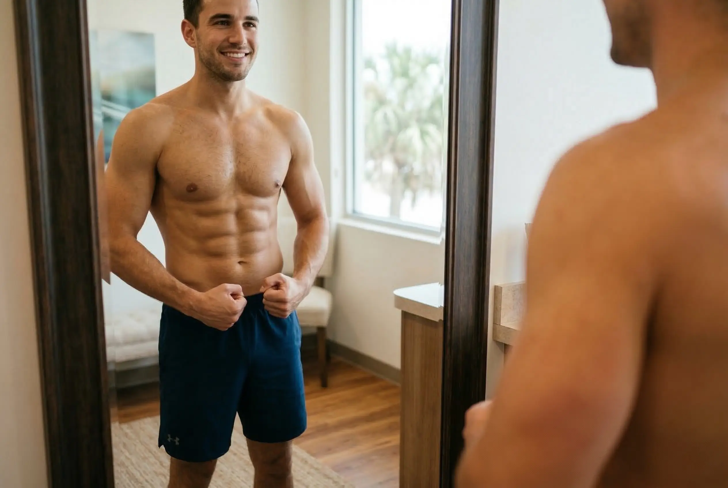 man flexing his tummy in the mirror