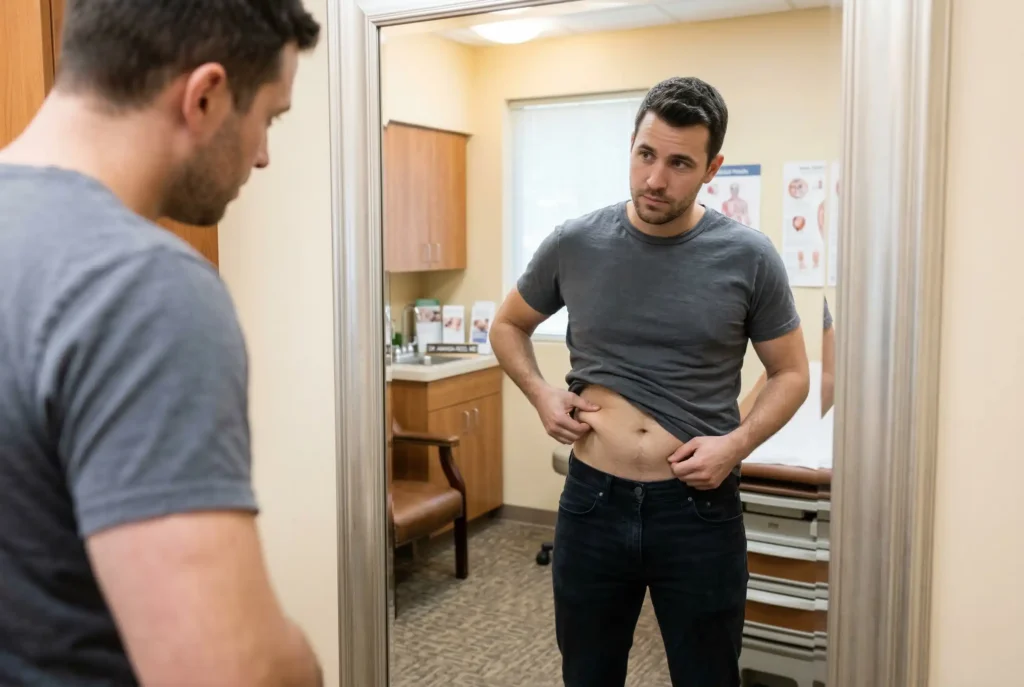 man looking his fat belly in the mirror
