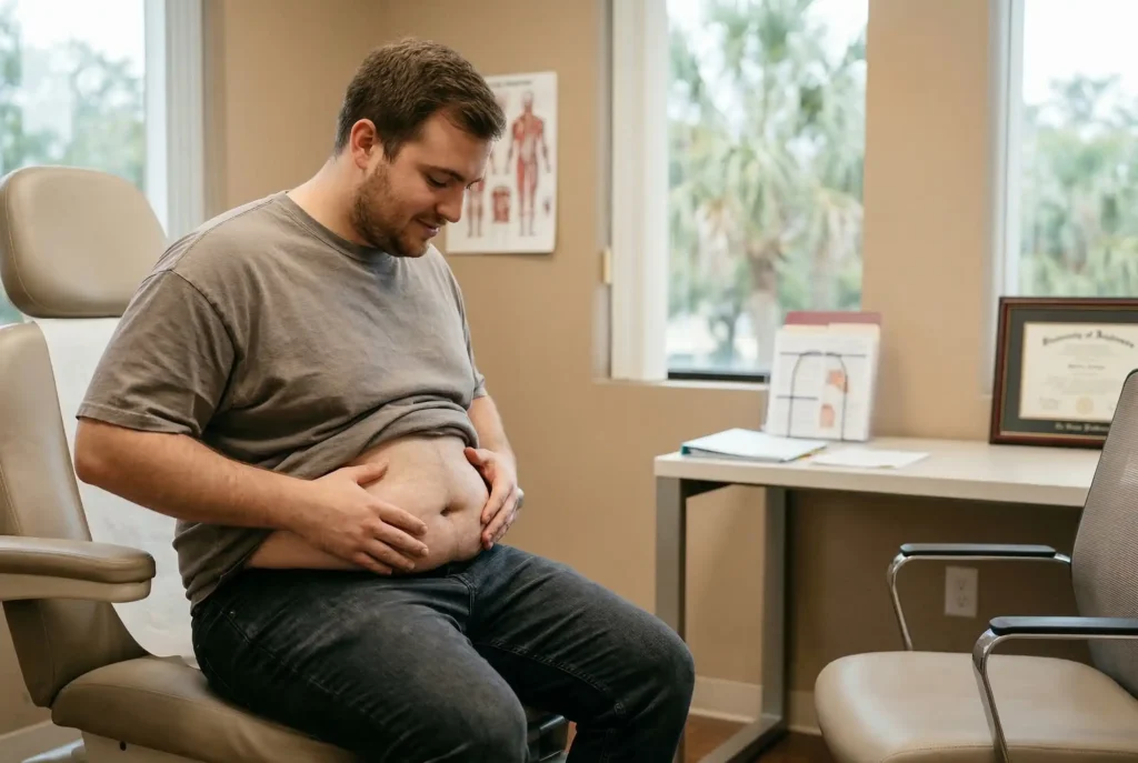 man pinching his belly fat