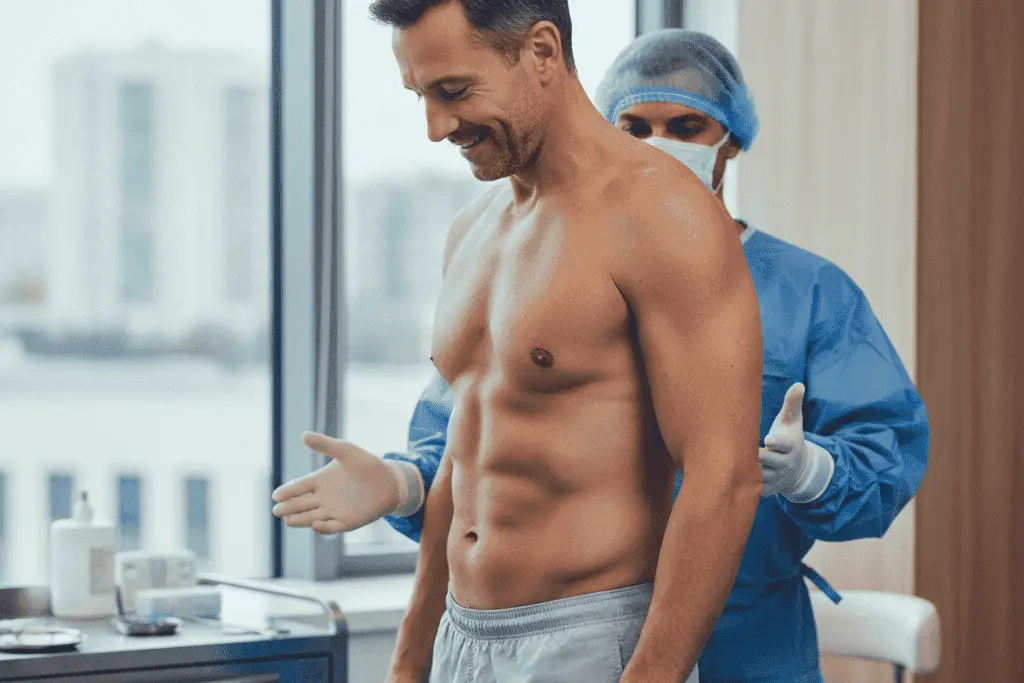plastic surgeon helping out a patient during tummy tuck recovery