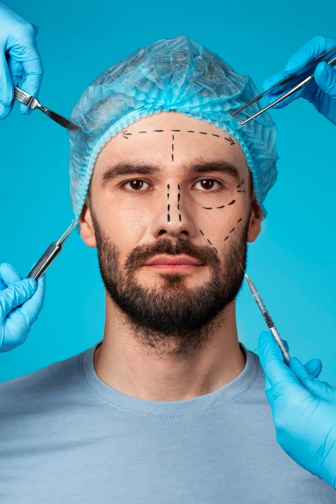 Portrait of man receiving enhancements and tweakments