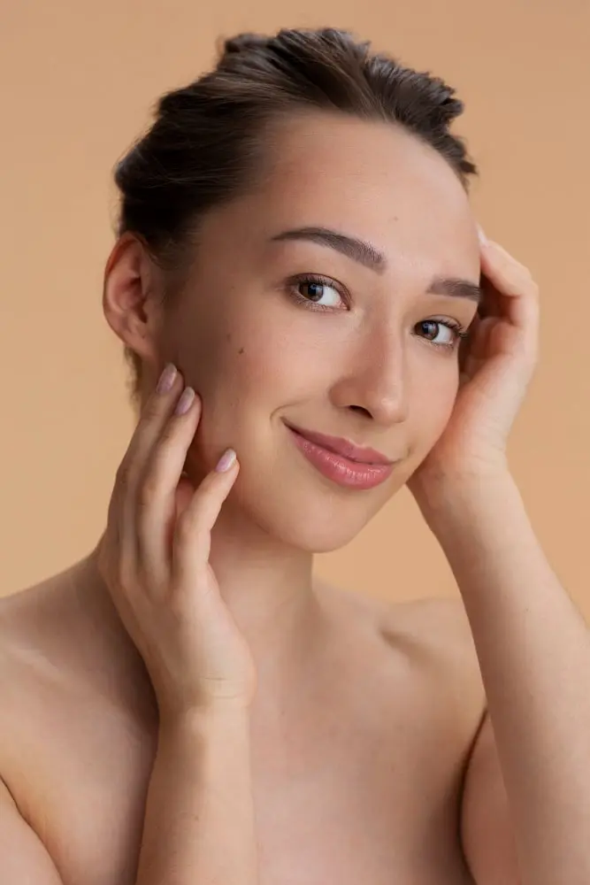 side view smiley model posing