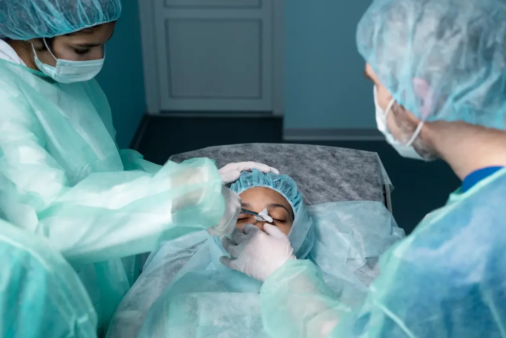 Plastic surgeons preparing a patient for plastic surgery procedure