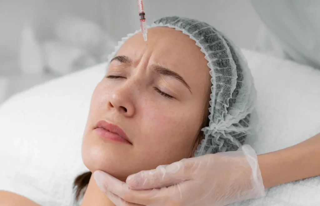 Woman being injected with Botox on her forehead lines