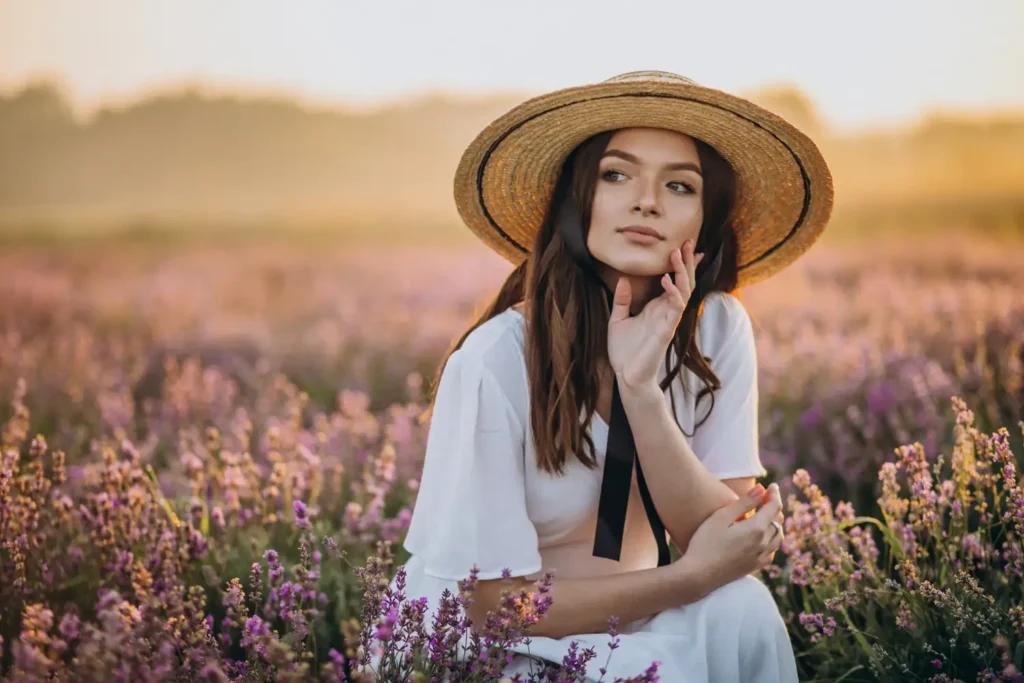Pretty woman posing in the middle of a flower field after plastic surgery recovery