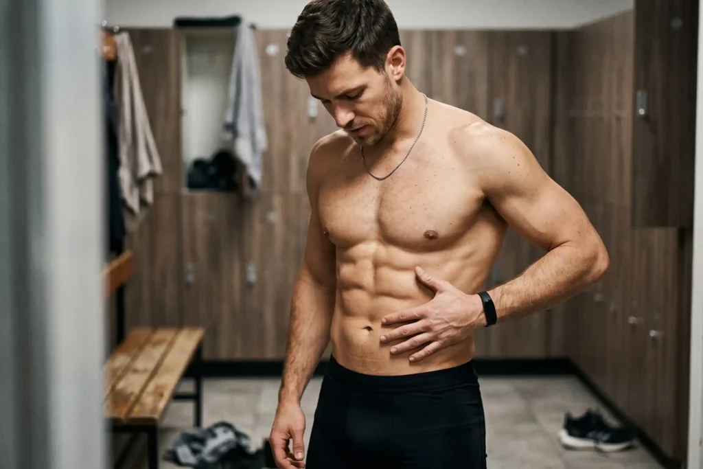 A medium-shot photograph of a shirtless, well-built man in a locker room, touching his defined six-pack abs