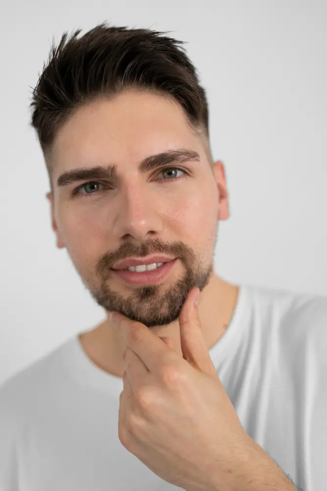 Front view smiley man posing after facetite treatment