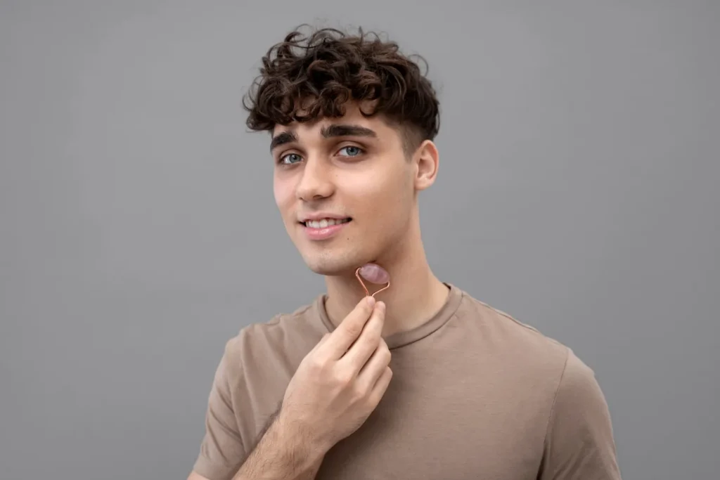 Young man massaging his neck with gray background