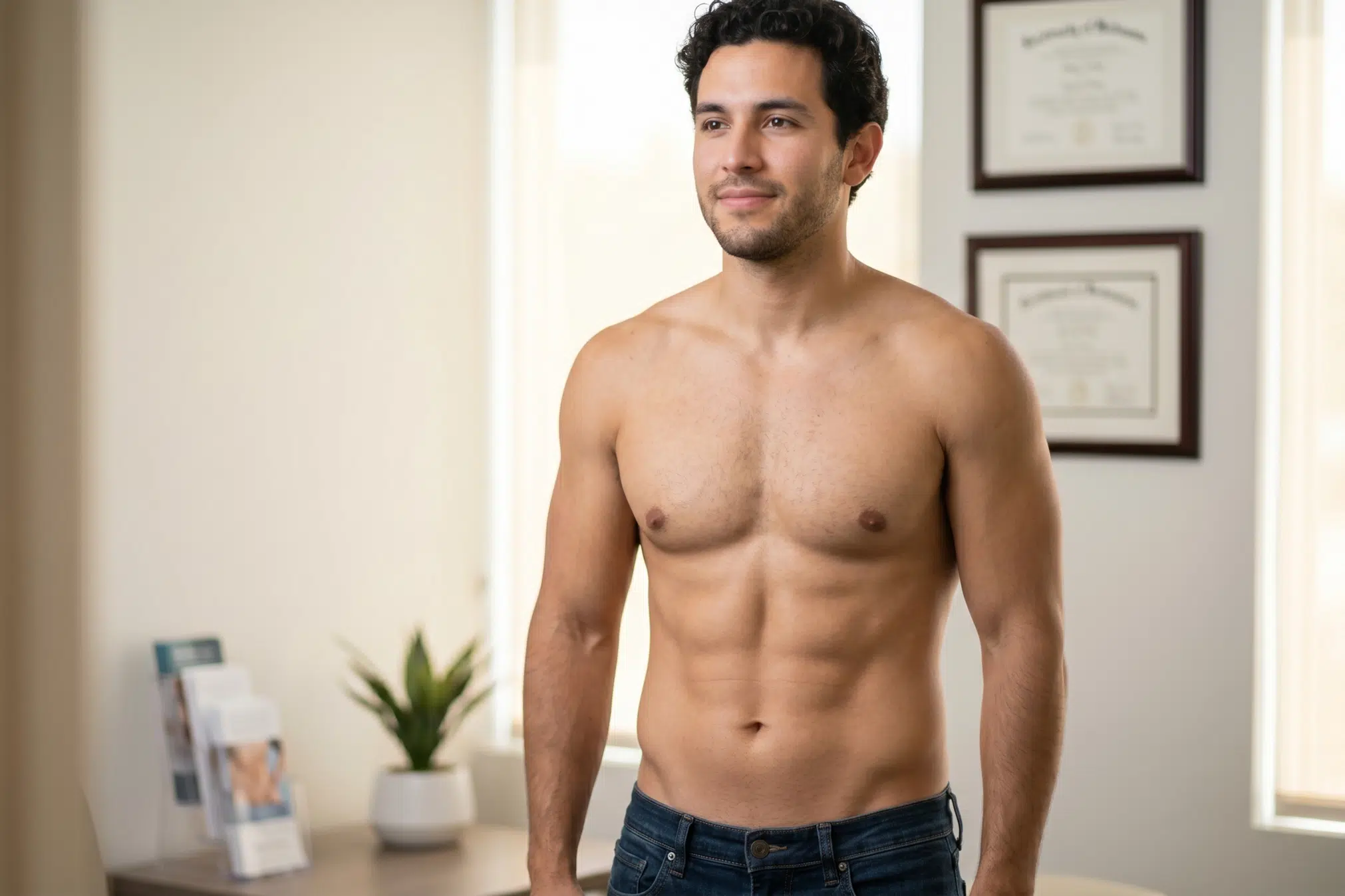 A male torso exhibiting a smooth, tightened stomach with clear abdominal lines