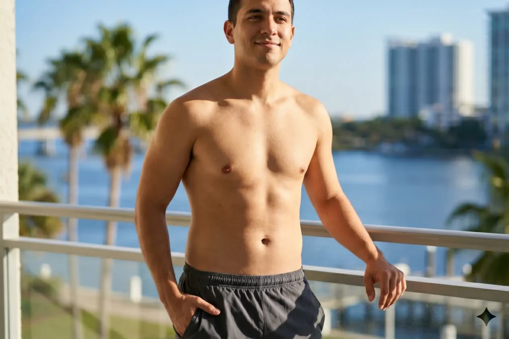A man showing the aesthetic results of a tummy tuck with a firm, flat belly