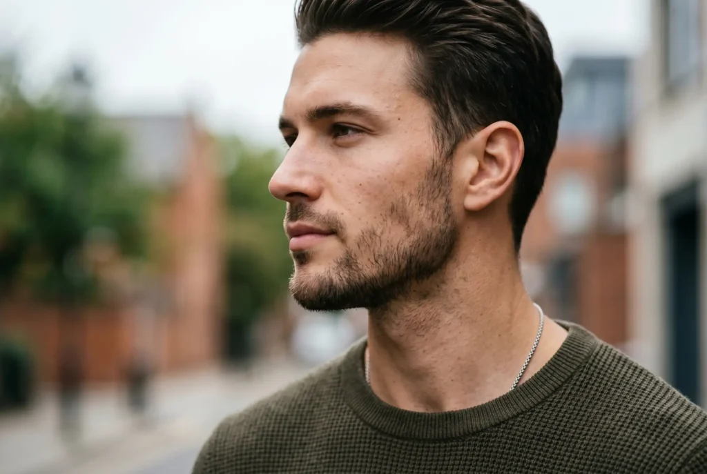 A man with a sharp, contoured jawline after a cosmetic filler treatment
