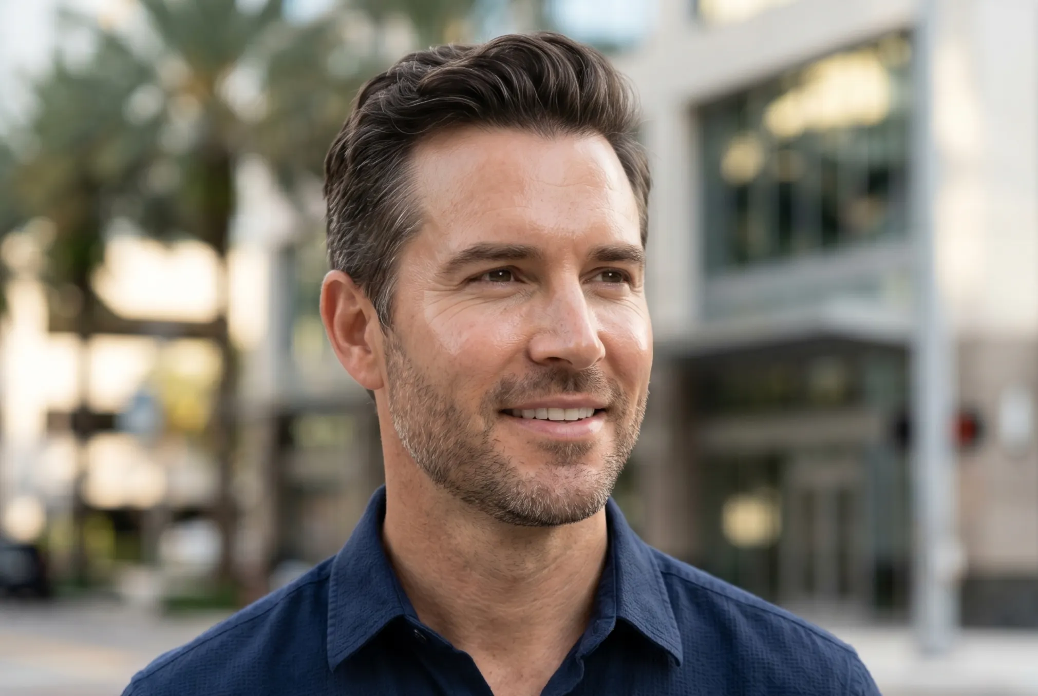 A man with a subtly rejuvenated appearance and lifted mid-face contours looking directly at the camera.