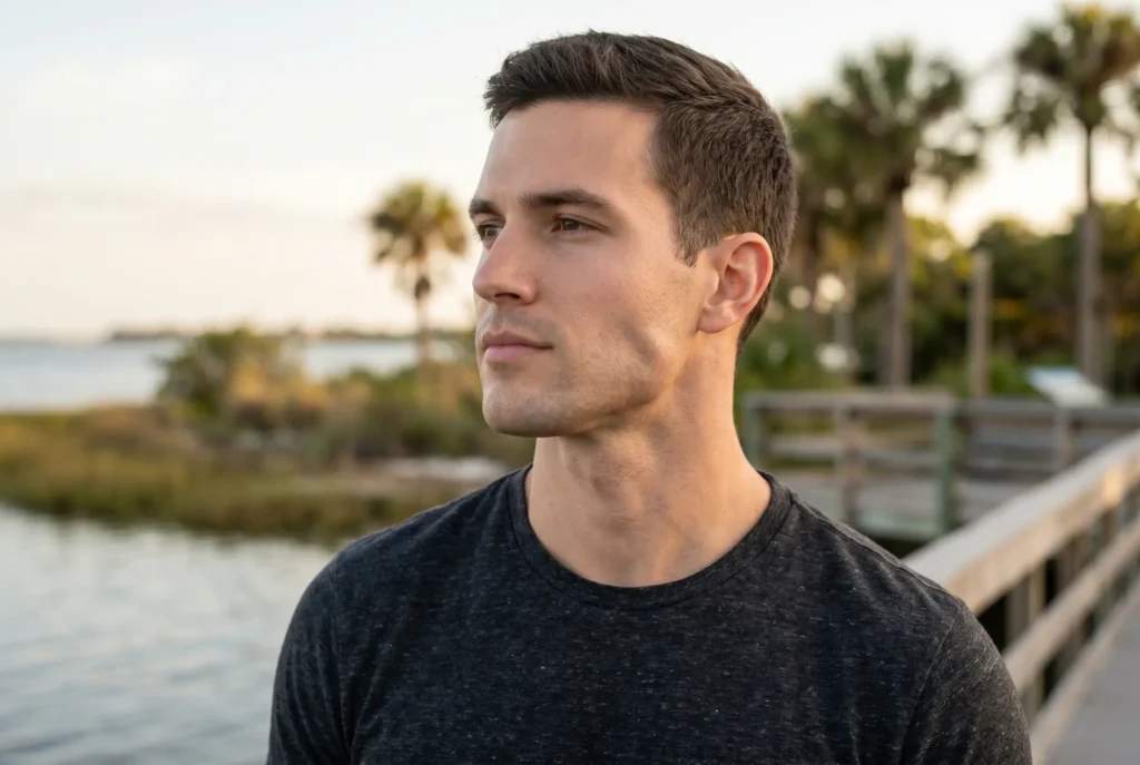 A man with strong facial features, focusing on his deeply defined jaw