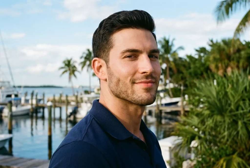 A man's face in shadow, accentuating the sharp cut of his jaw