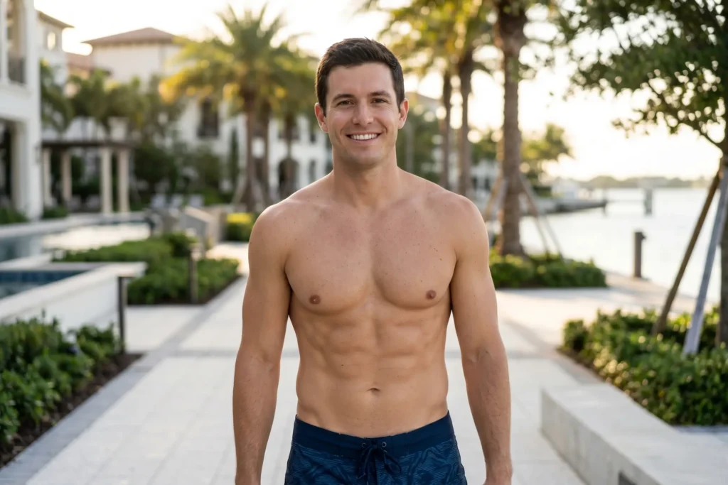 A smiling muscular man stands shirtless on a wooden dock next to a canal and palm trees.