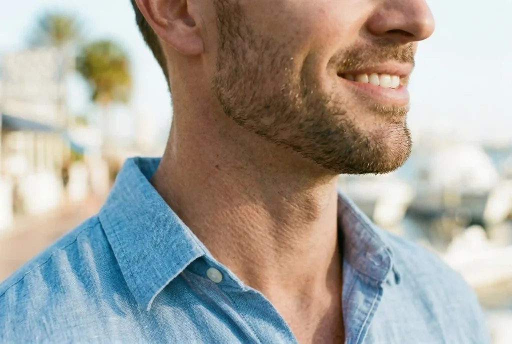 Clear definition between the jaw and neck following submental liposuction.