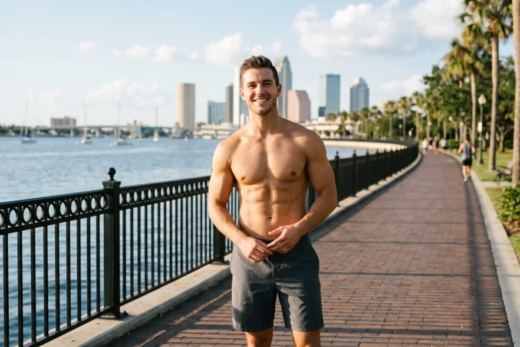 A fit, shirtless young man with a toned physique standing outdoors