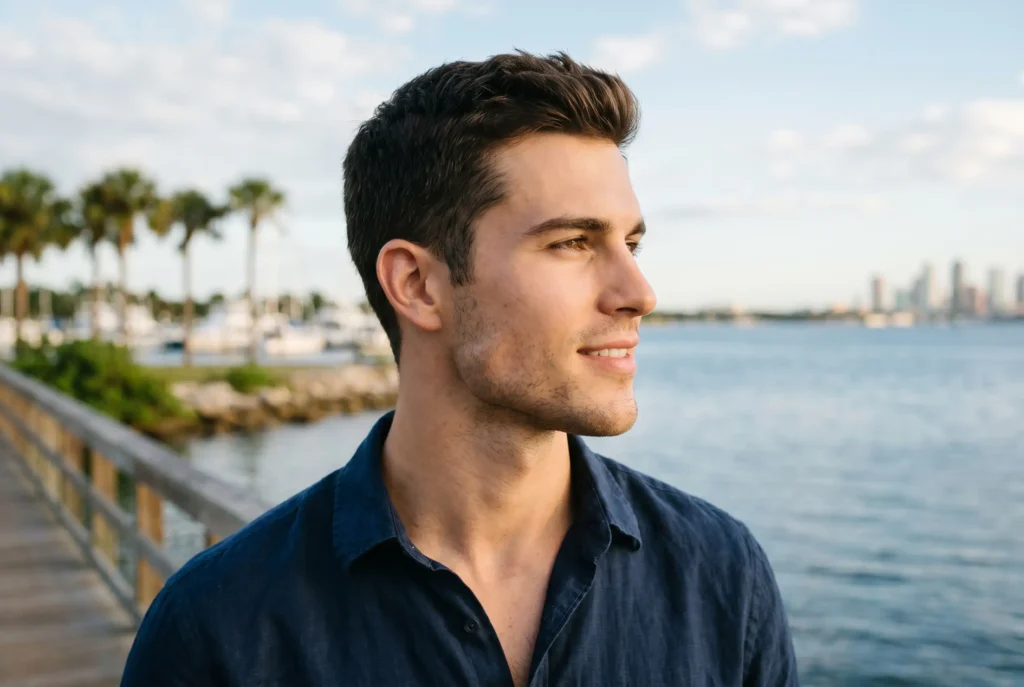 Headshot of a man featuring a striking, well-defined jaw structure