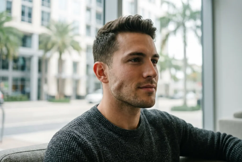 man achieving a structured, masculine jawline with fillers