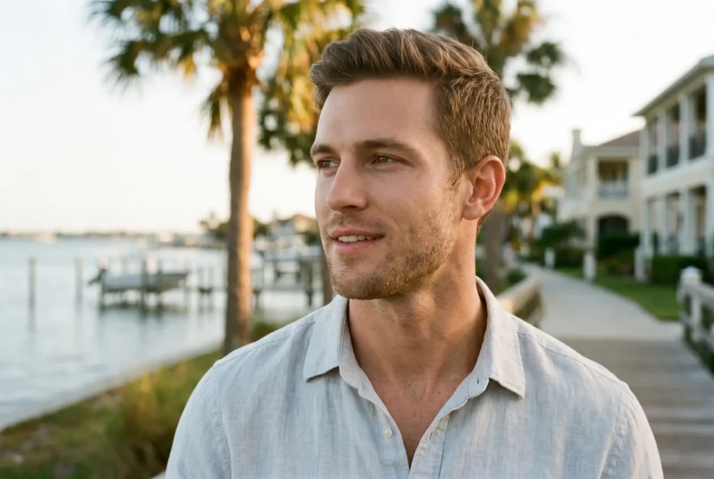 Portrait of a man with a distinctively sharp and contoured jawline