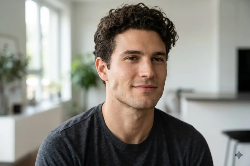 Portrait of a man with dark curly hair looking left.