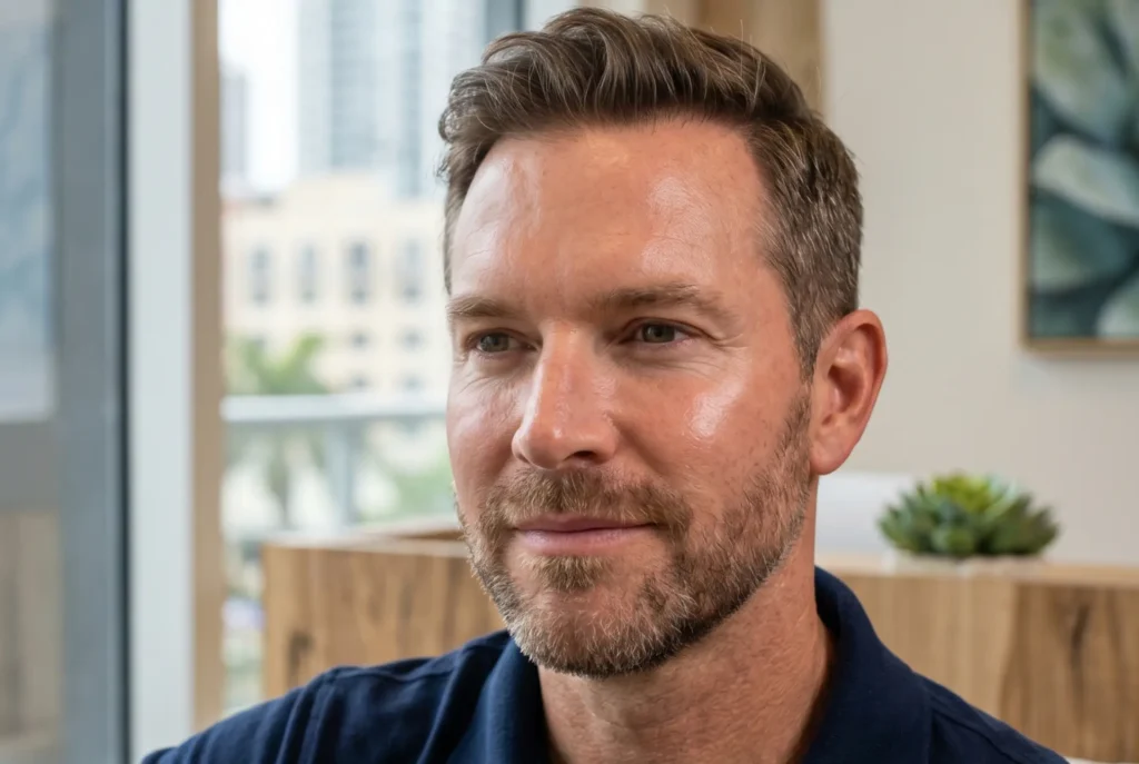 Profile view of a man showing a sharper, more defined jawline and tighter skin after a PDO thread lift.