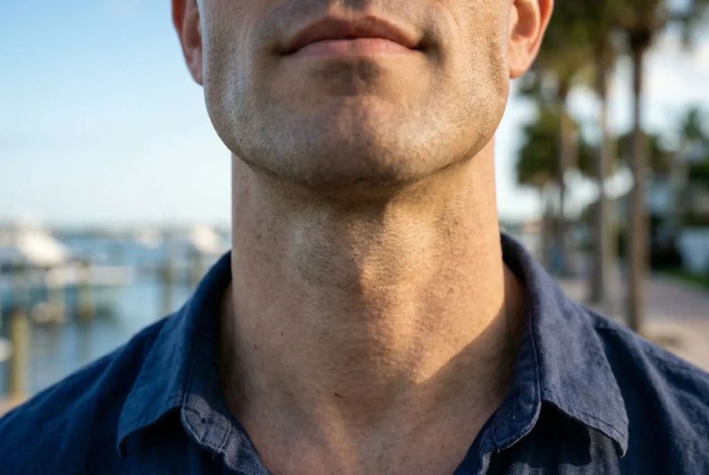 Tight skin and sharp anatomical definition along the male jaw and neck.