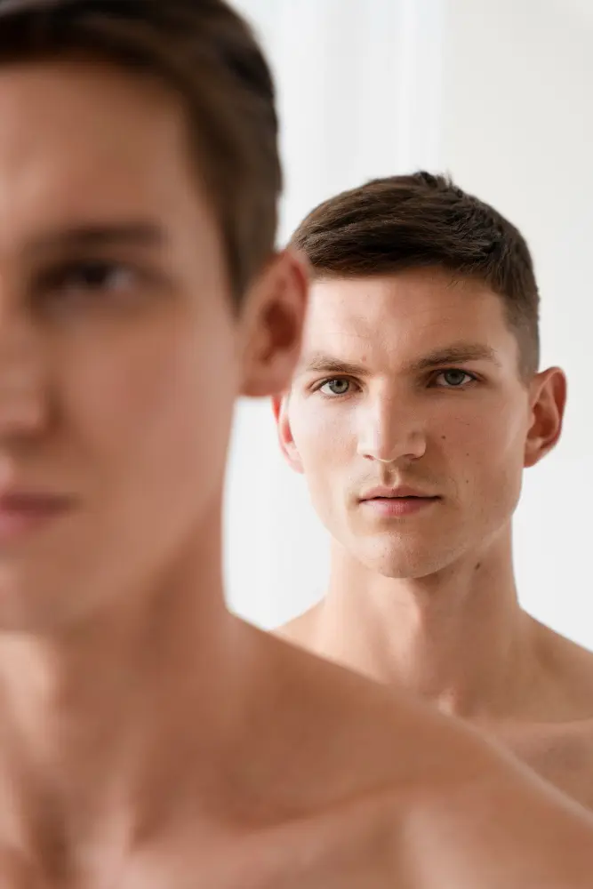 two men line up faces