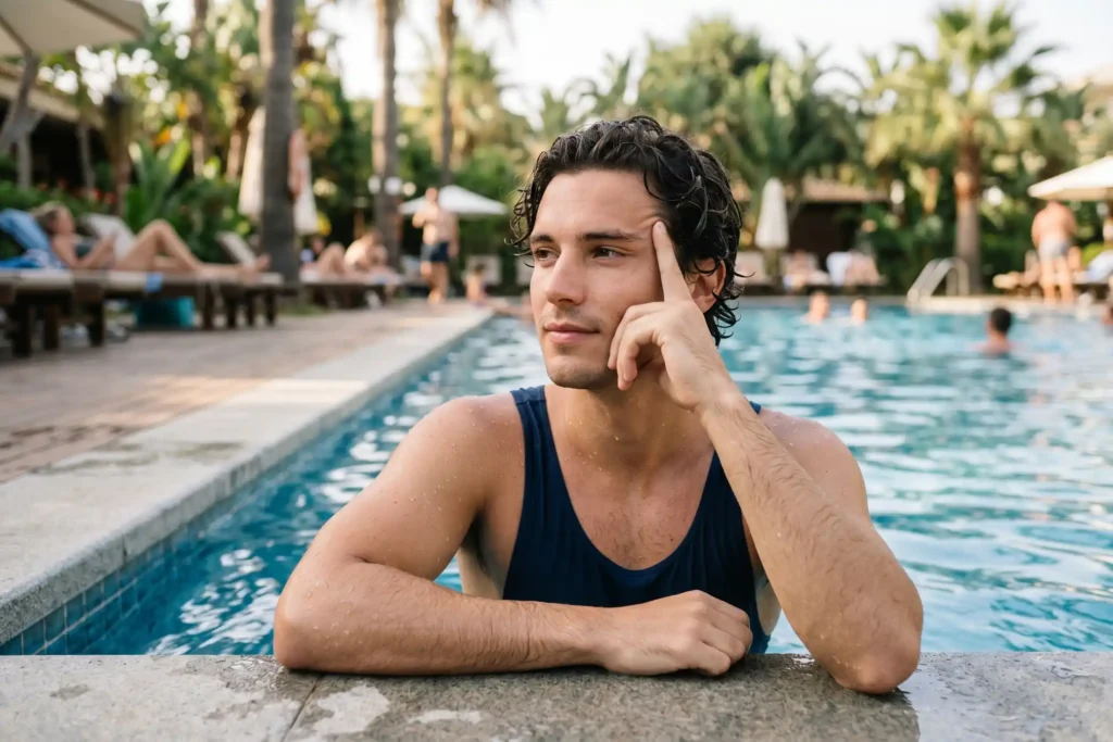Young man in a swimming pool gently touching his face