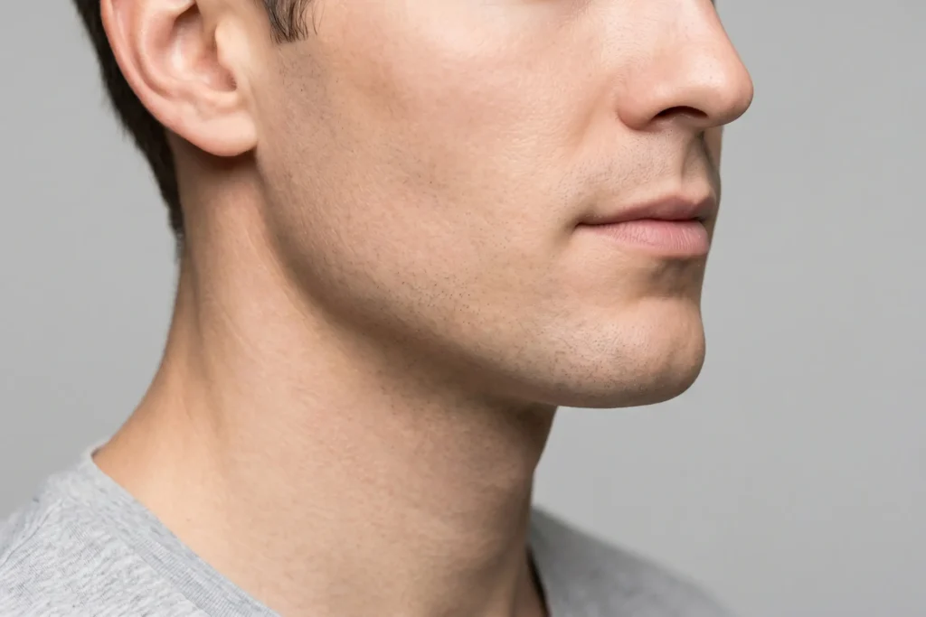 Close-up of jawline area treated with PDO thread lift