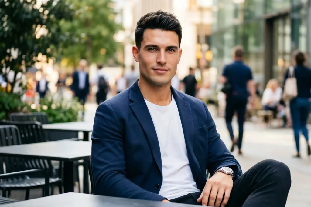 A handsome man, showcasing a sleek, smooth complexion, is sitting in a cafe, demonstrating the benefits of FaceTite