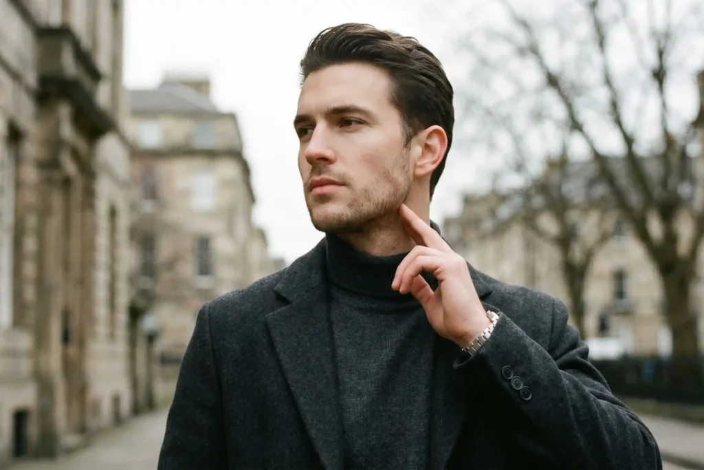 A handsome young man with a contoured jawline, touching his neck, representing a neck liposuction result