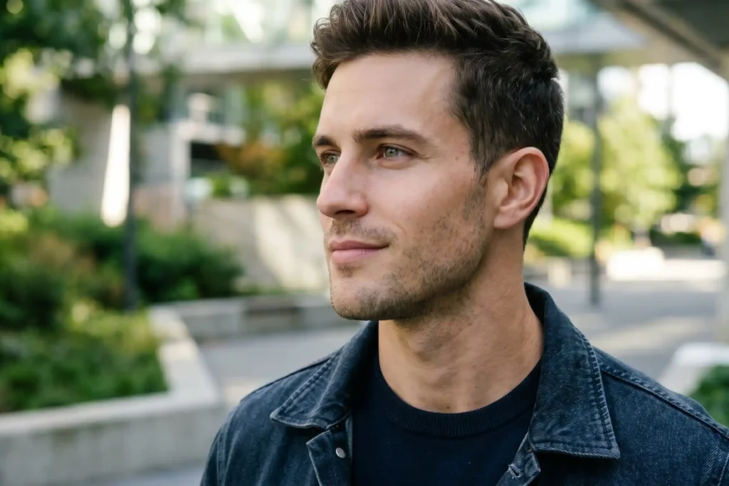 A male in his late 20s or 30s displaying a defined jawline and slender neck that could be indicative of a neck liposuction