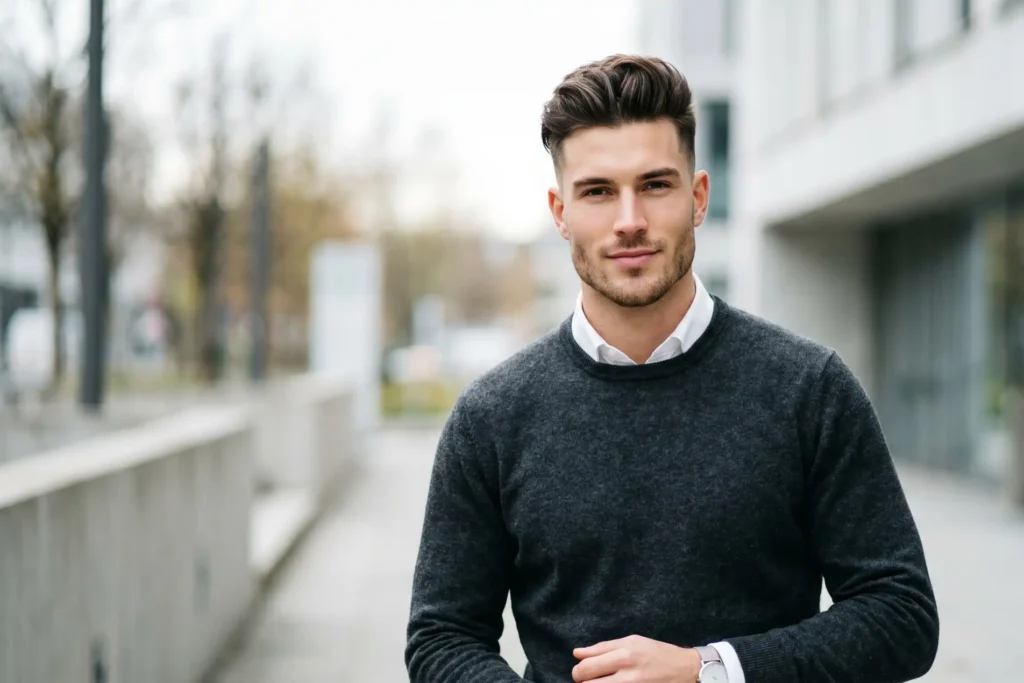 A medium-length photograph of a young, handsome Caucasian man with a perfectly defined and sculpted jawline