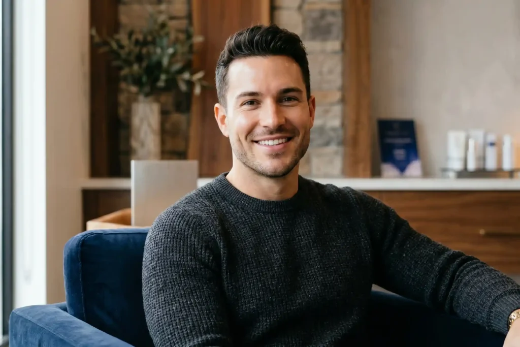 A smiling young man in a modern med spa with FaceTite branding