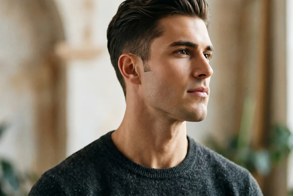 A three-quarter profile photo of a man with a clean-shaven, contoured jawline and defined neck musculature
