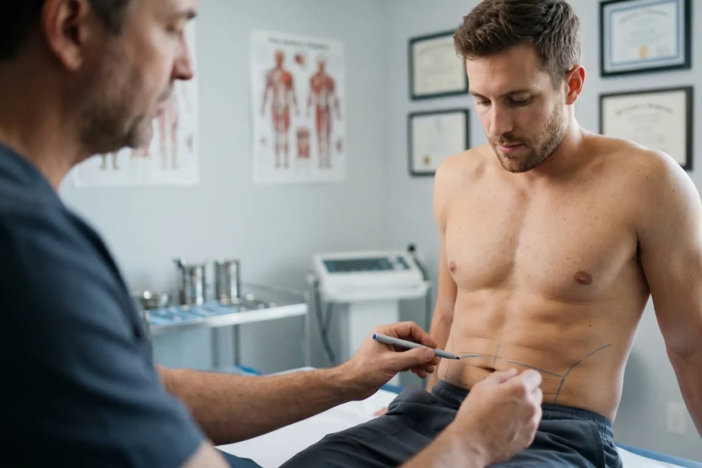 A young, handsome man sits shirtless in a medical office as a plastic surgeon uses a surgical marker to outline treatment areas on his abdomen