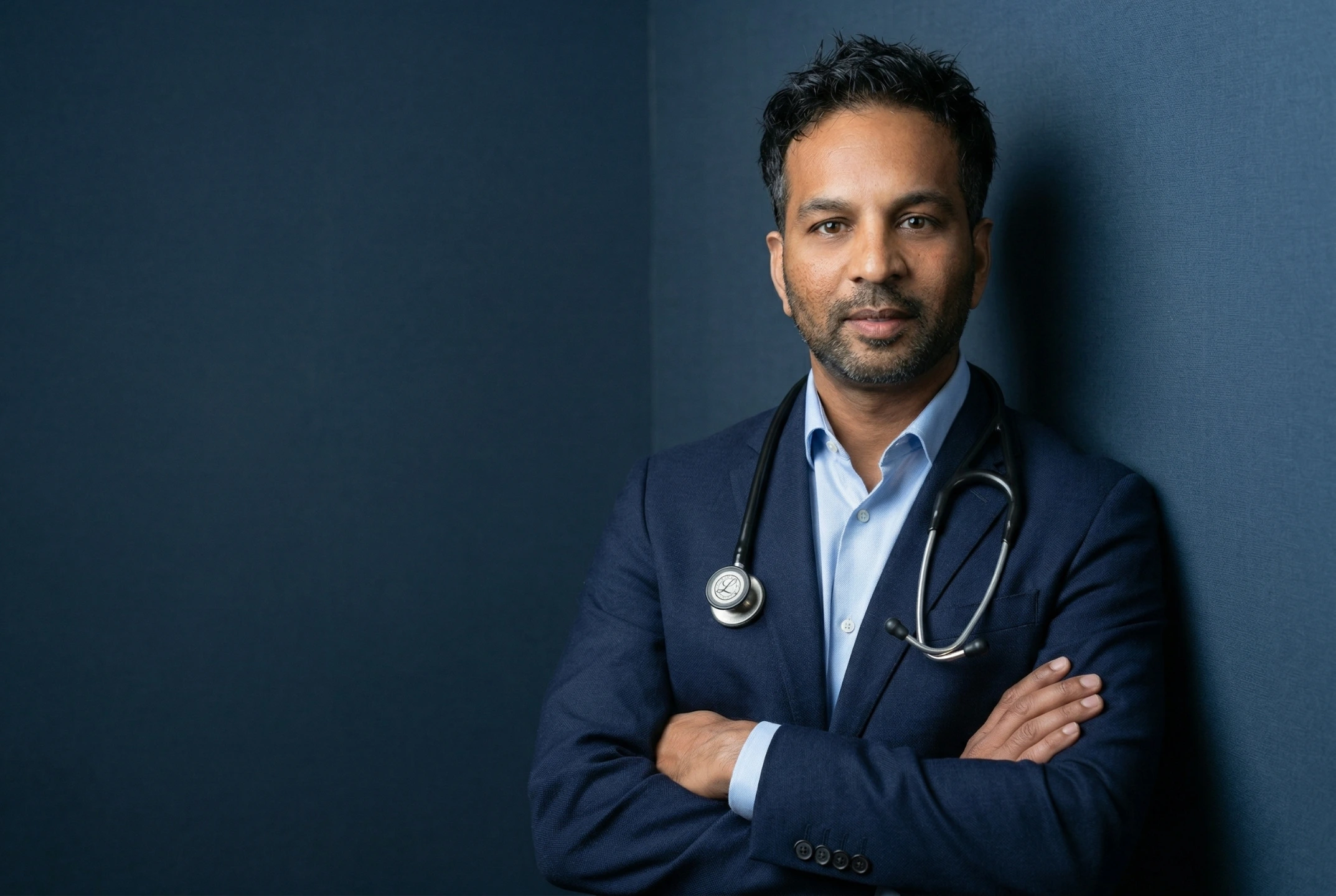 Dr. Grandhige leaning on a wall with arms crossed